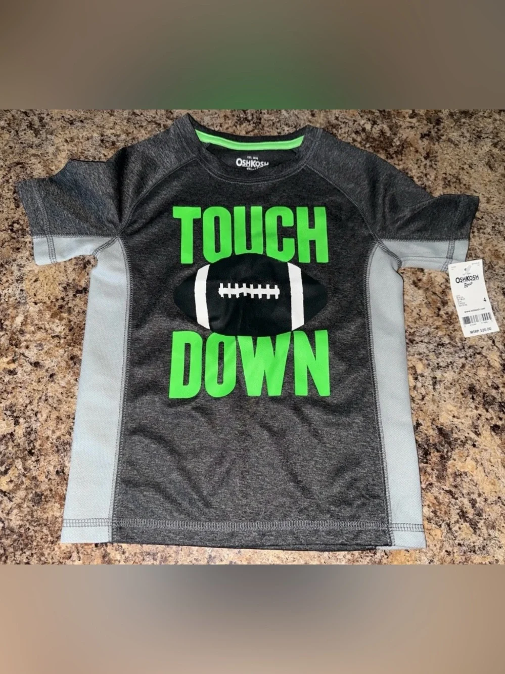 NWT Size 4 Oshkosh Touch Down Football Athletic Green Gray Tee Shirt